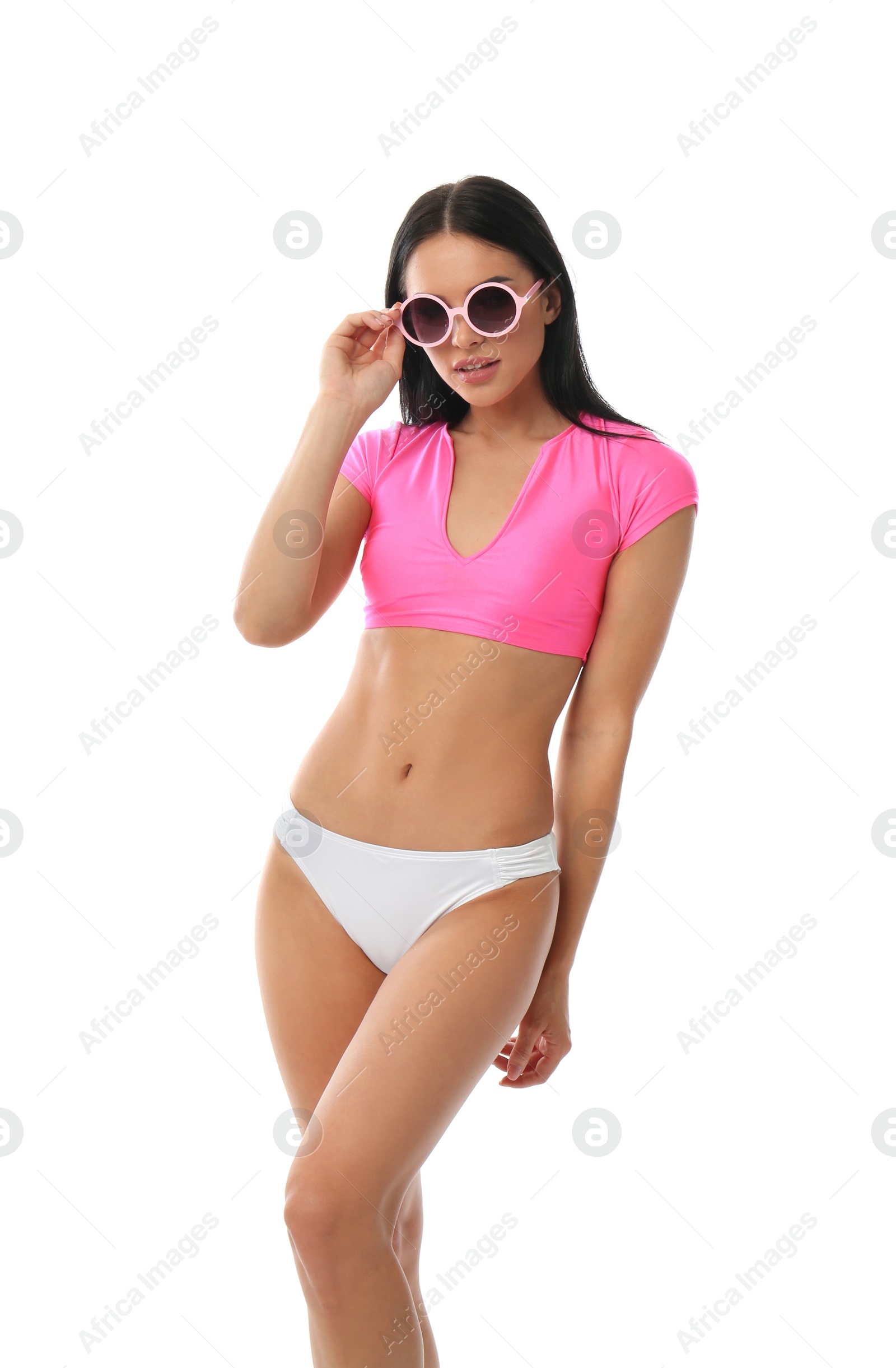 Photo of Beautiful young woman in stylish bikini with sunglasses on white background