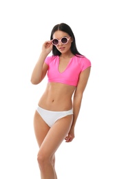 Photo of Beautiful young woman in stylish bikini with sunglasses on white background
