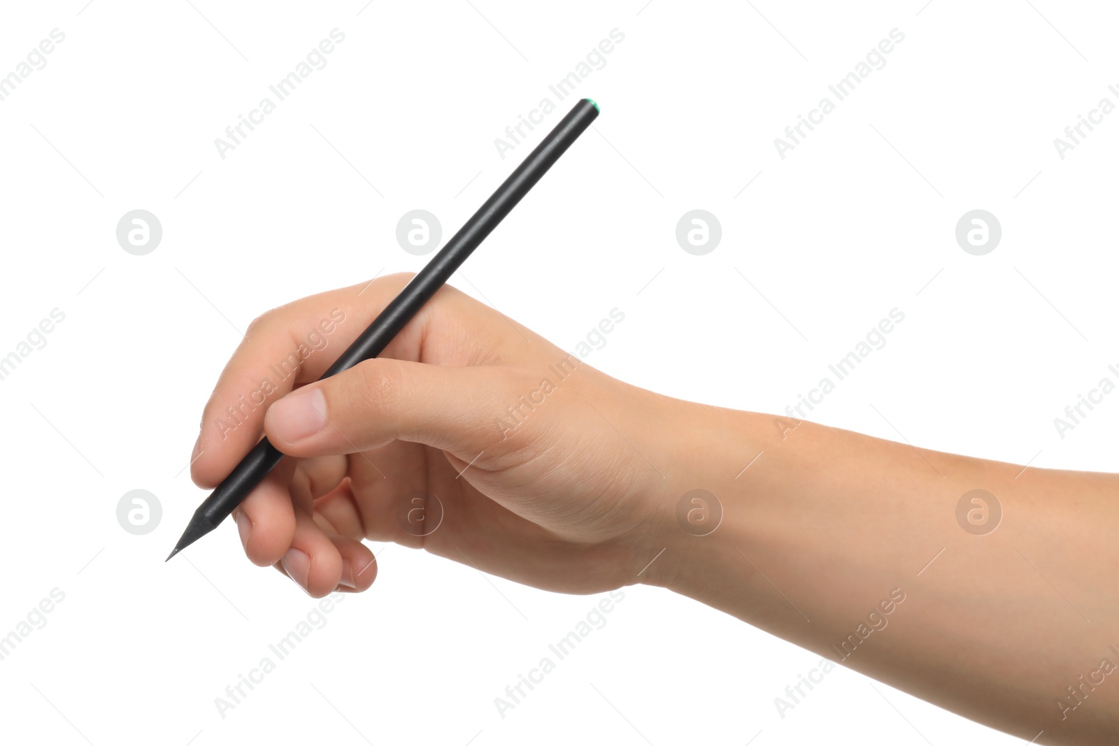 Photo of Young man holding pencil on white background, closeup