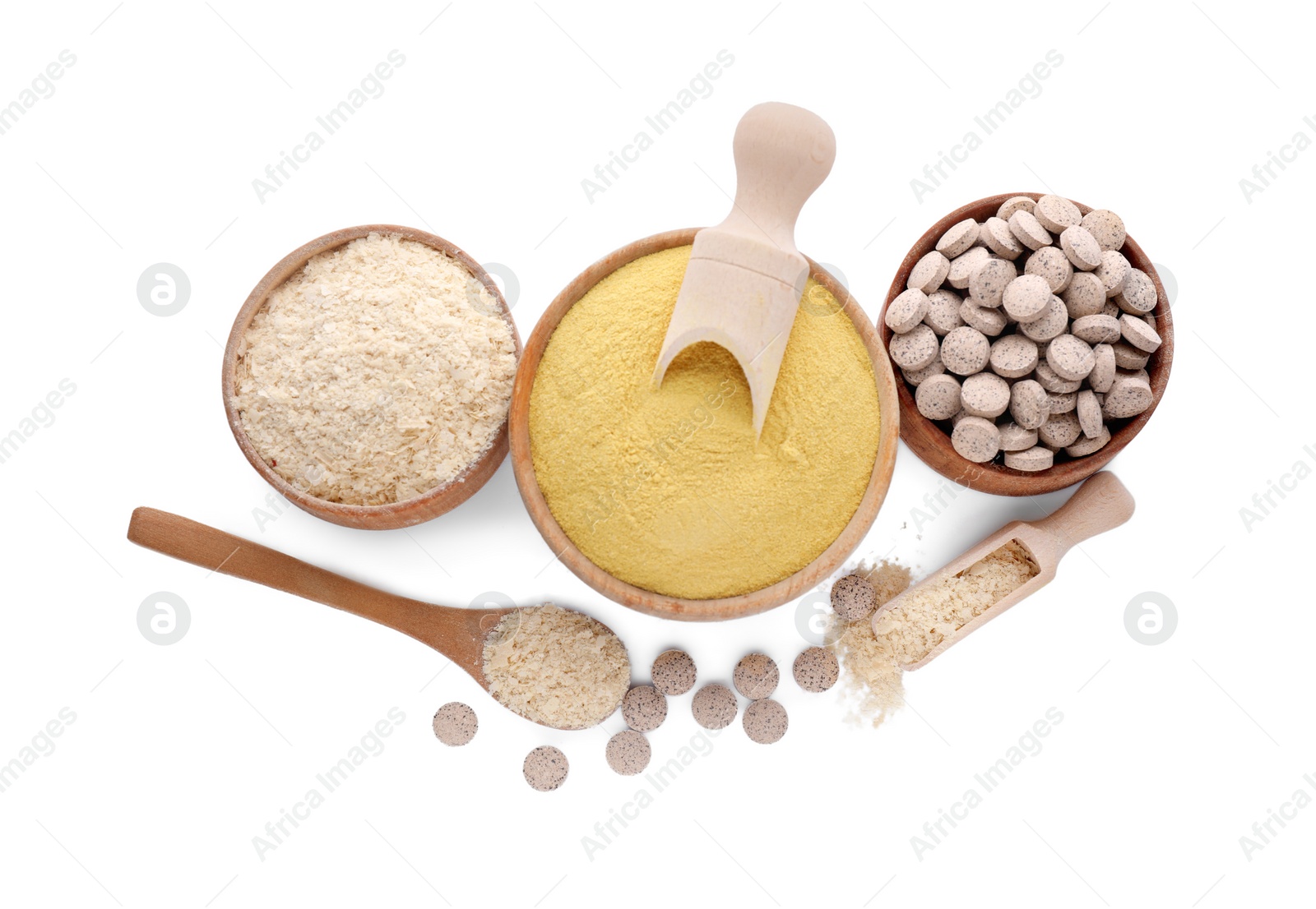 Photo of Different types of brewer's yeast isolated on white, top view