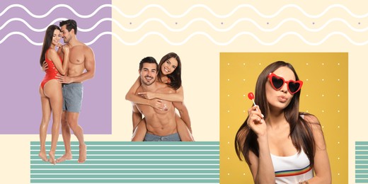 Photo collage with beautiful woman and lovely couple on color background, banner design. Summer days