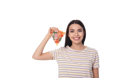 Photo of Beautiful woman with pizza isolated on white