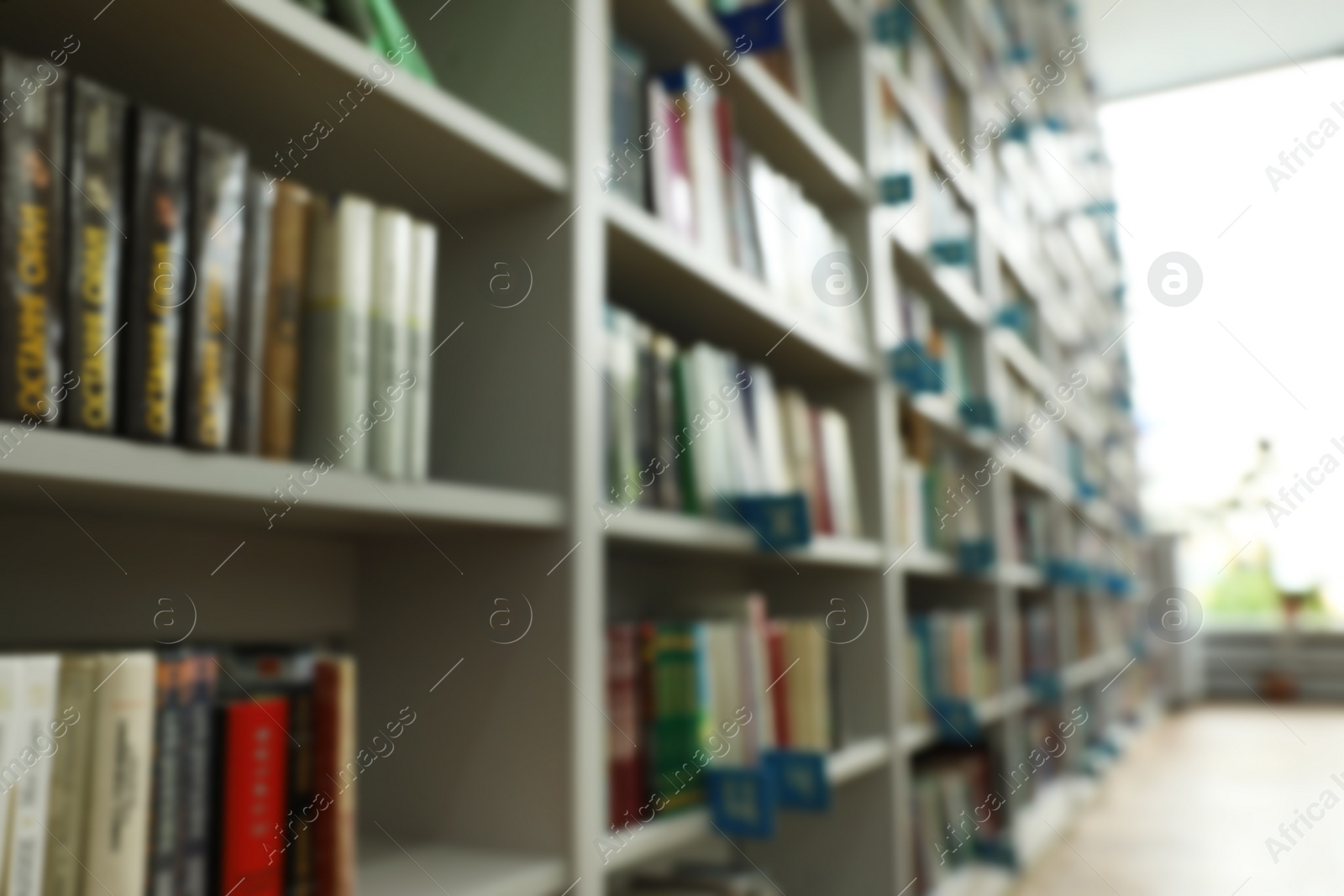 Photo of Blurred view of shelves with books in library