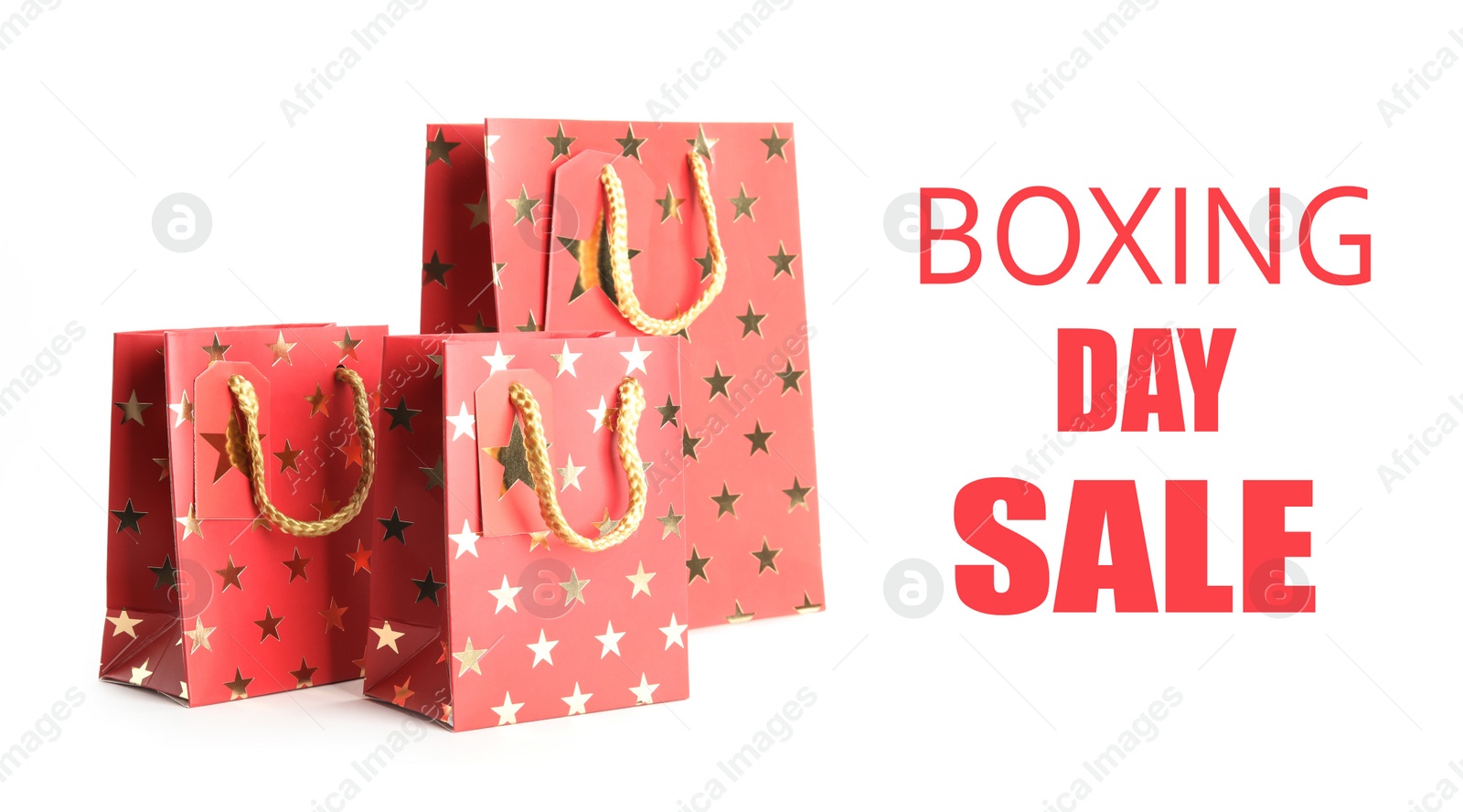 Image of Boxing day sale. Shopping bags on white background, banner design