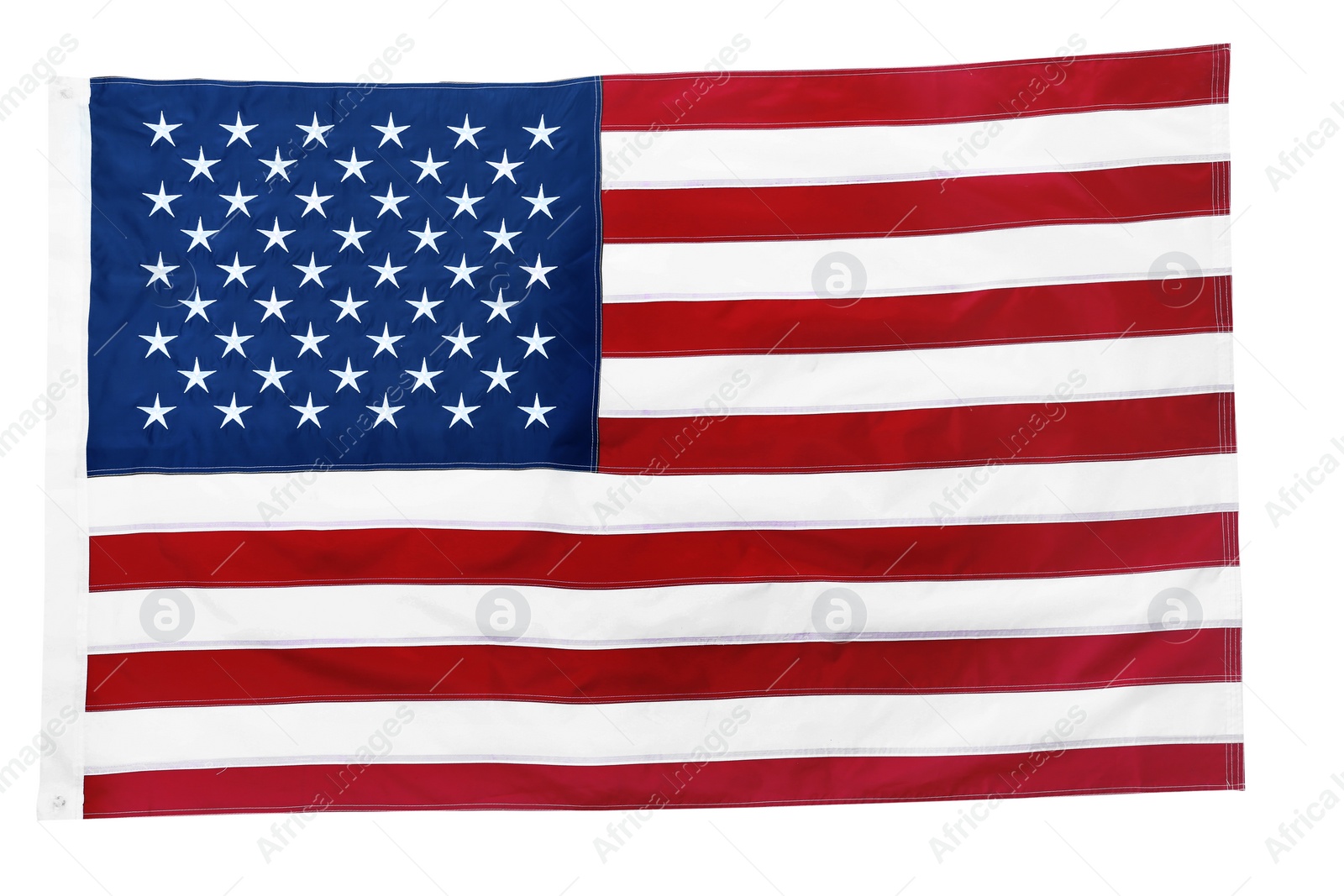 Photo of American flag on white background, top view