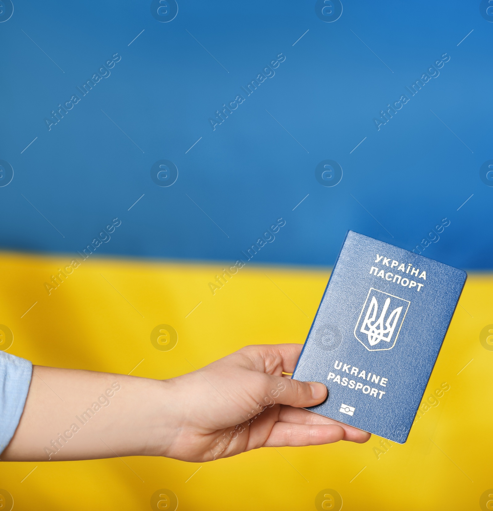 Photo of Woman with Ukrainian travel passport voting abroad, closeup. International relationships