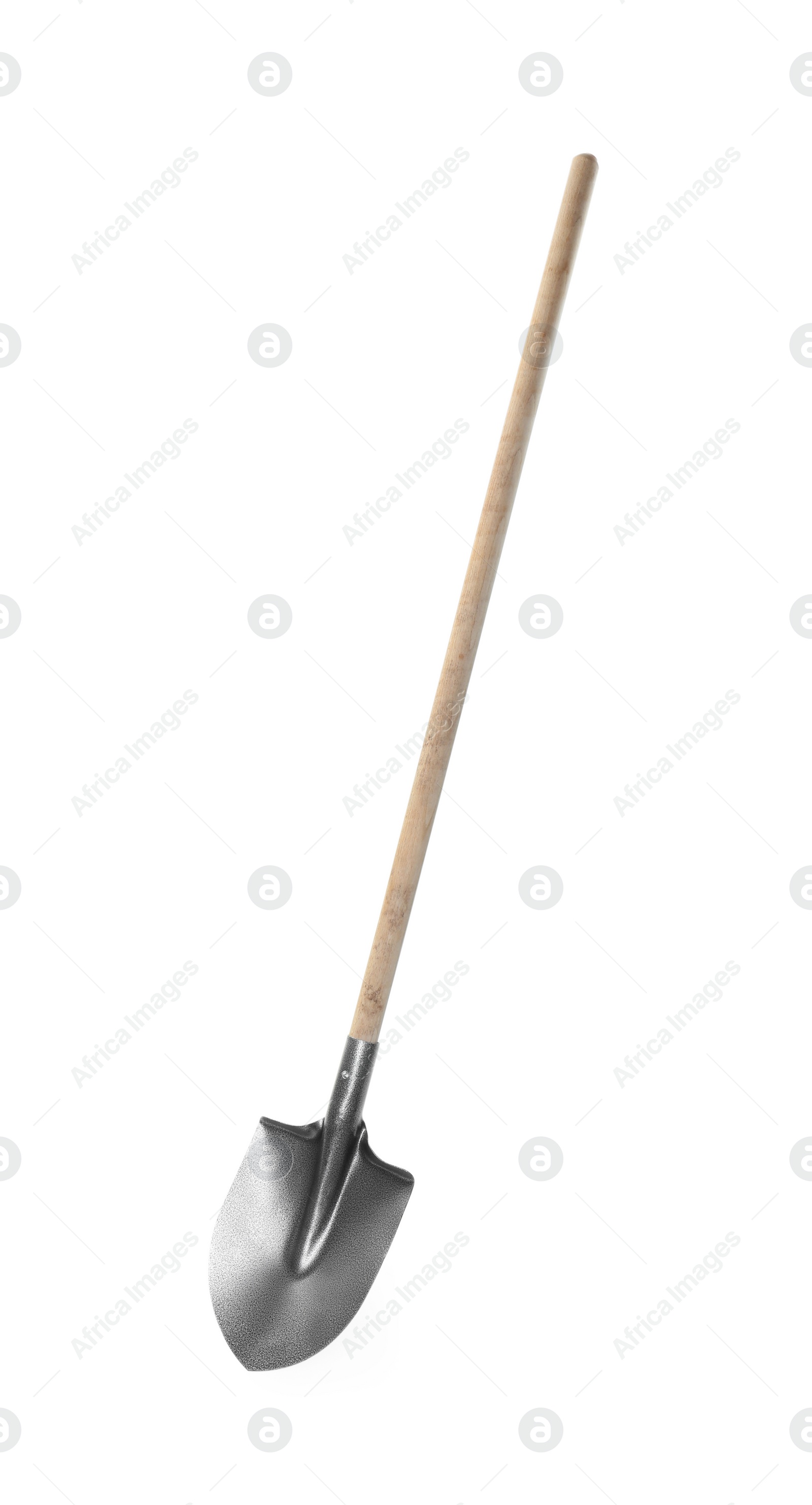 One shovel with wooden handle isolated on white Photo of One shovel with wooden handle isolated on white
