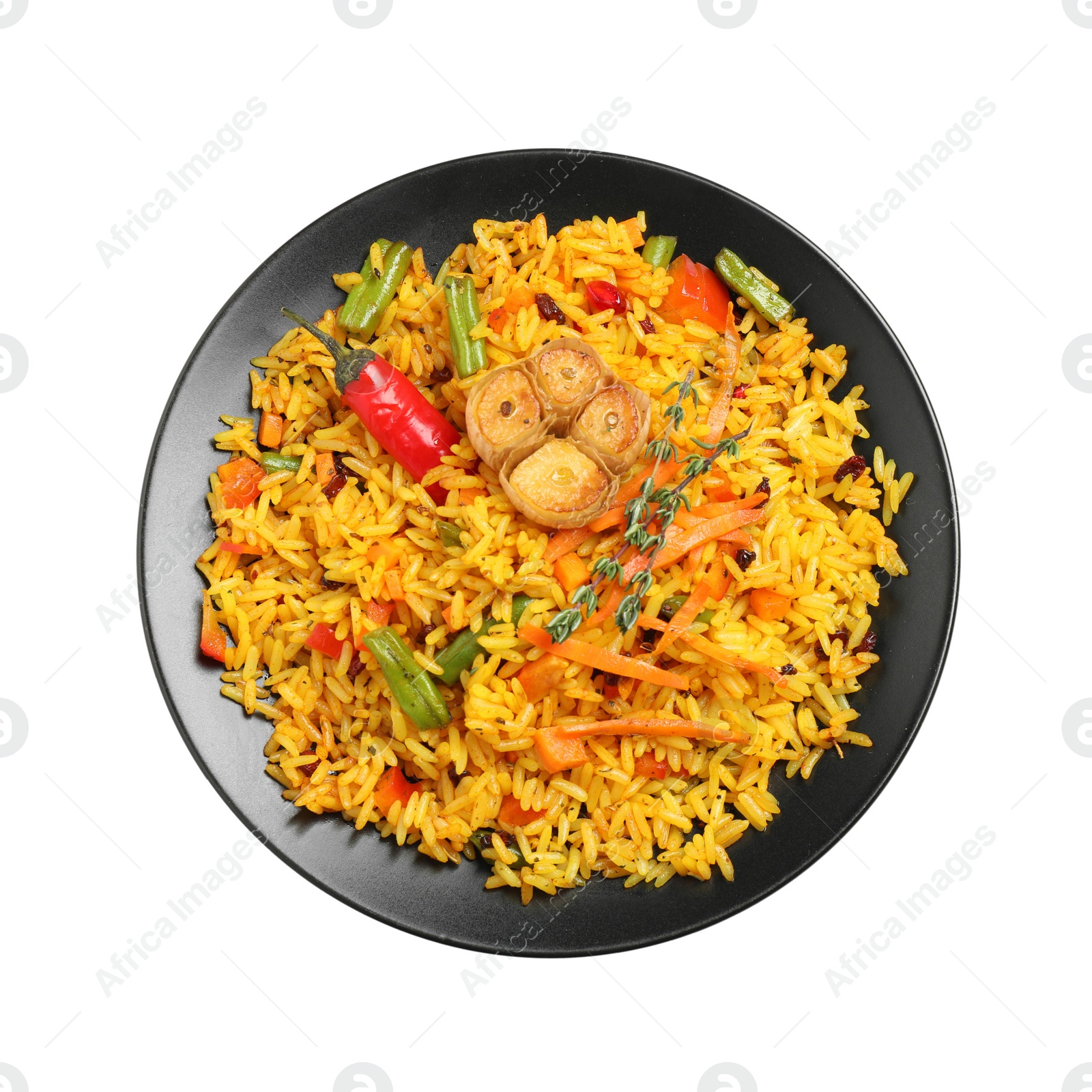 Photo of Tasty rice pilaf with vegetables isolated on white, top view