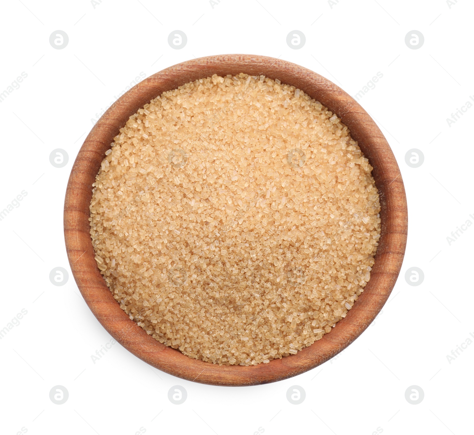 Photo of Brown sugar in wooden bowl isolated on white, top view