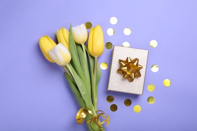 Bouquet of tulips, confetti and gift box on light purple background, flat lay