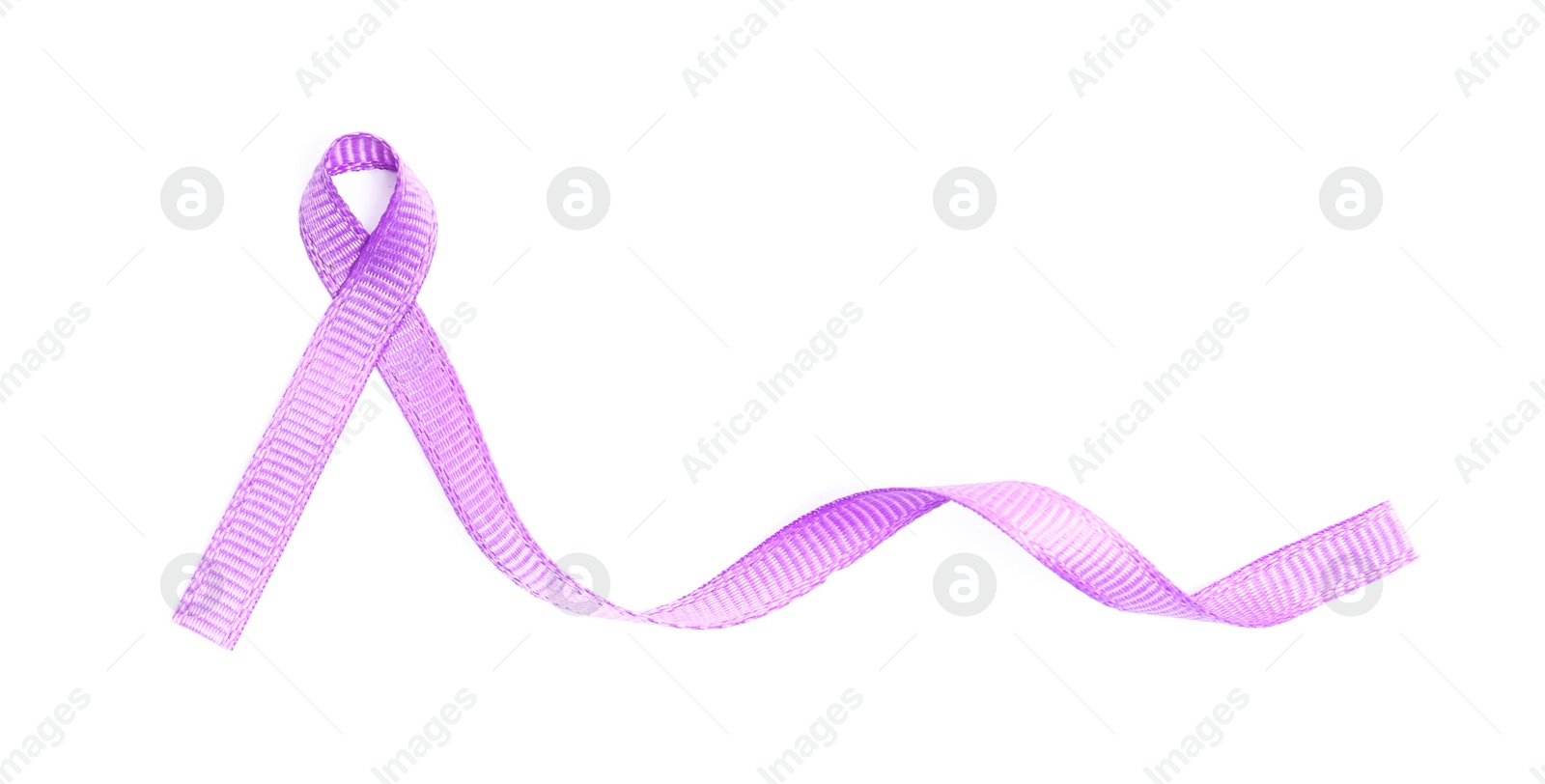 Photo of Purple awareness ribbon on white background, top view