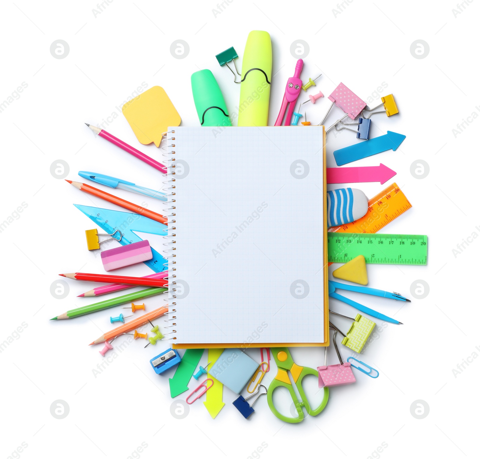 Photo of Composition with different school stationery and notebook on white background