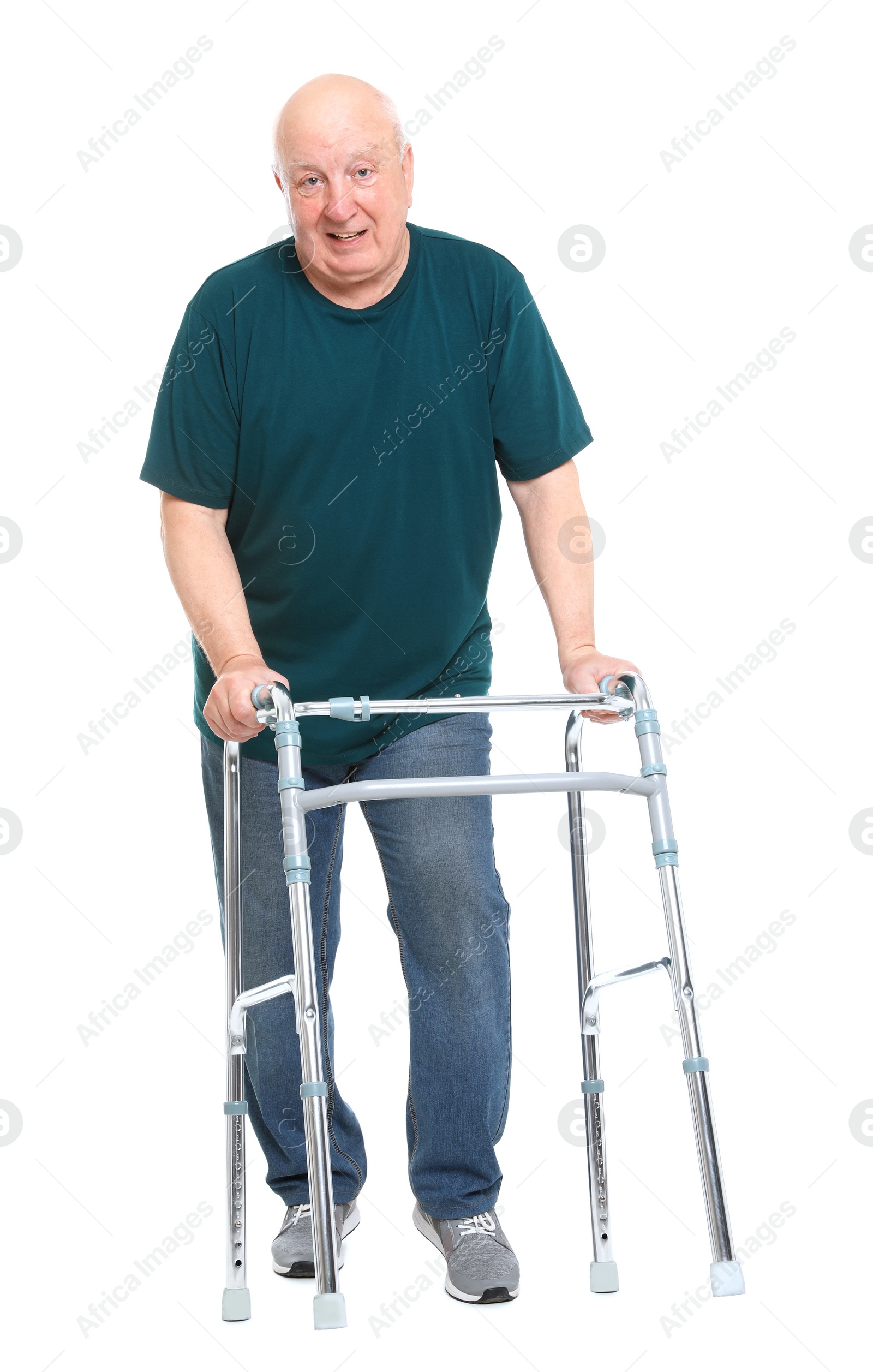 Photo of Elderly man with walking frame on white background. Medical help