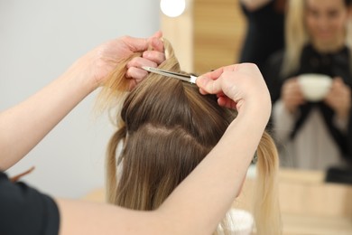 Hair styling. Professional hairdresser working with client in salon, closeup