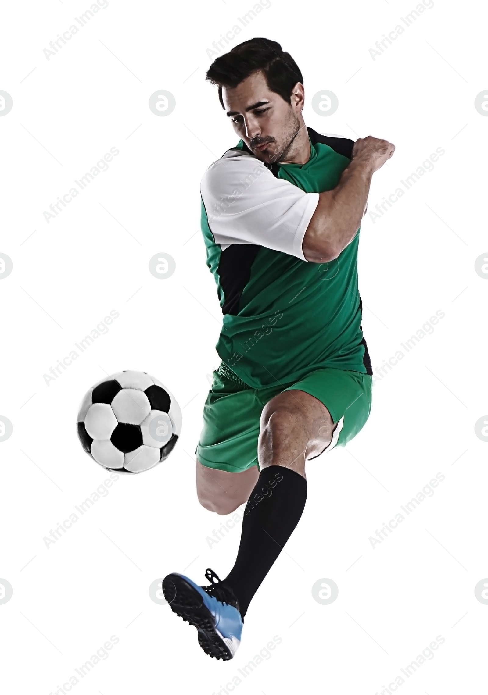 Image of Young man playing football on white background