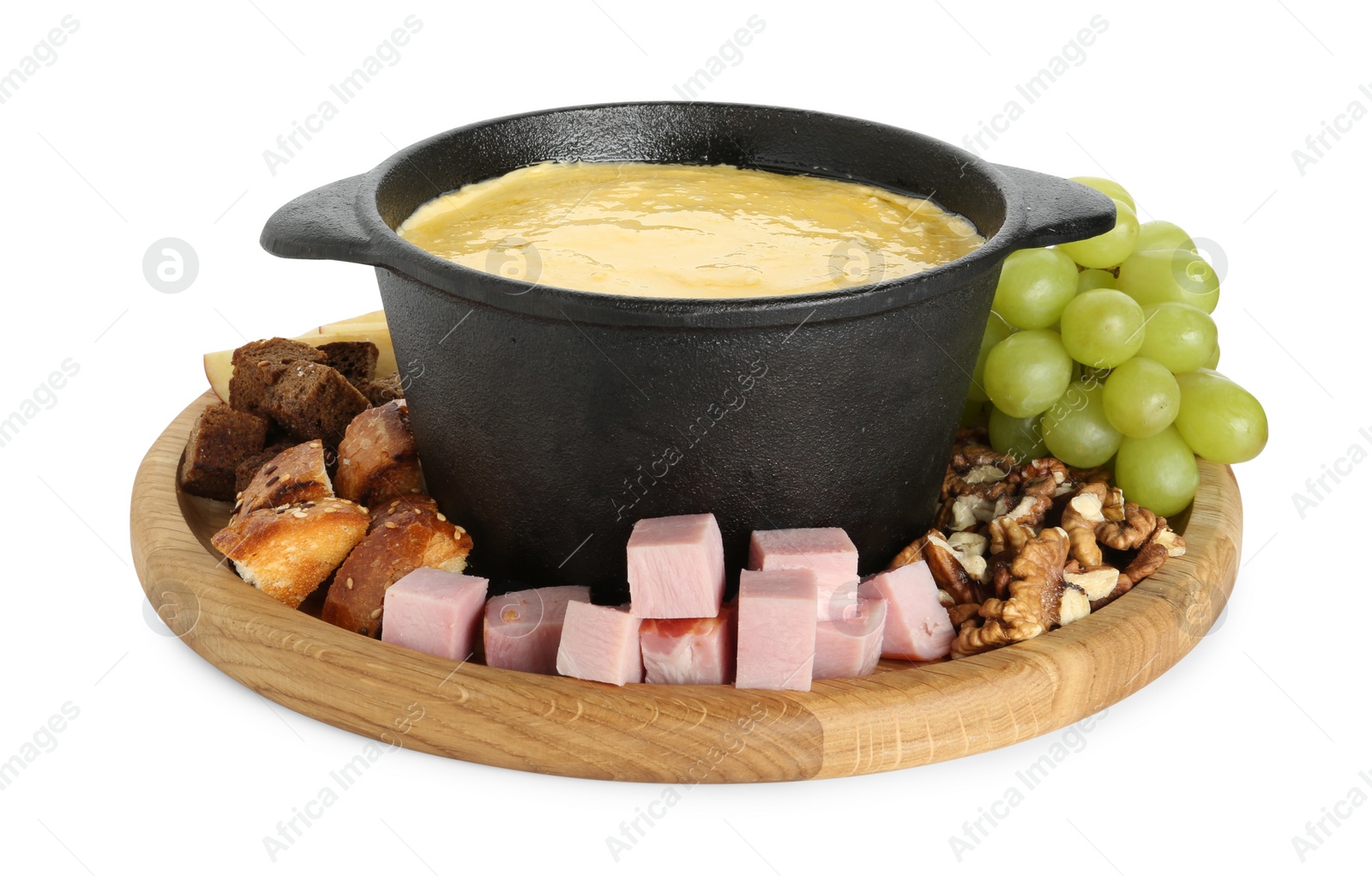 Photo of Fondue with tasty melted cheese and different products isolated on white