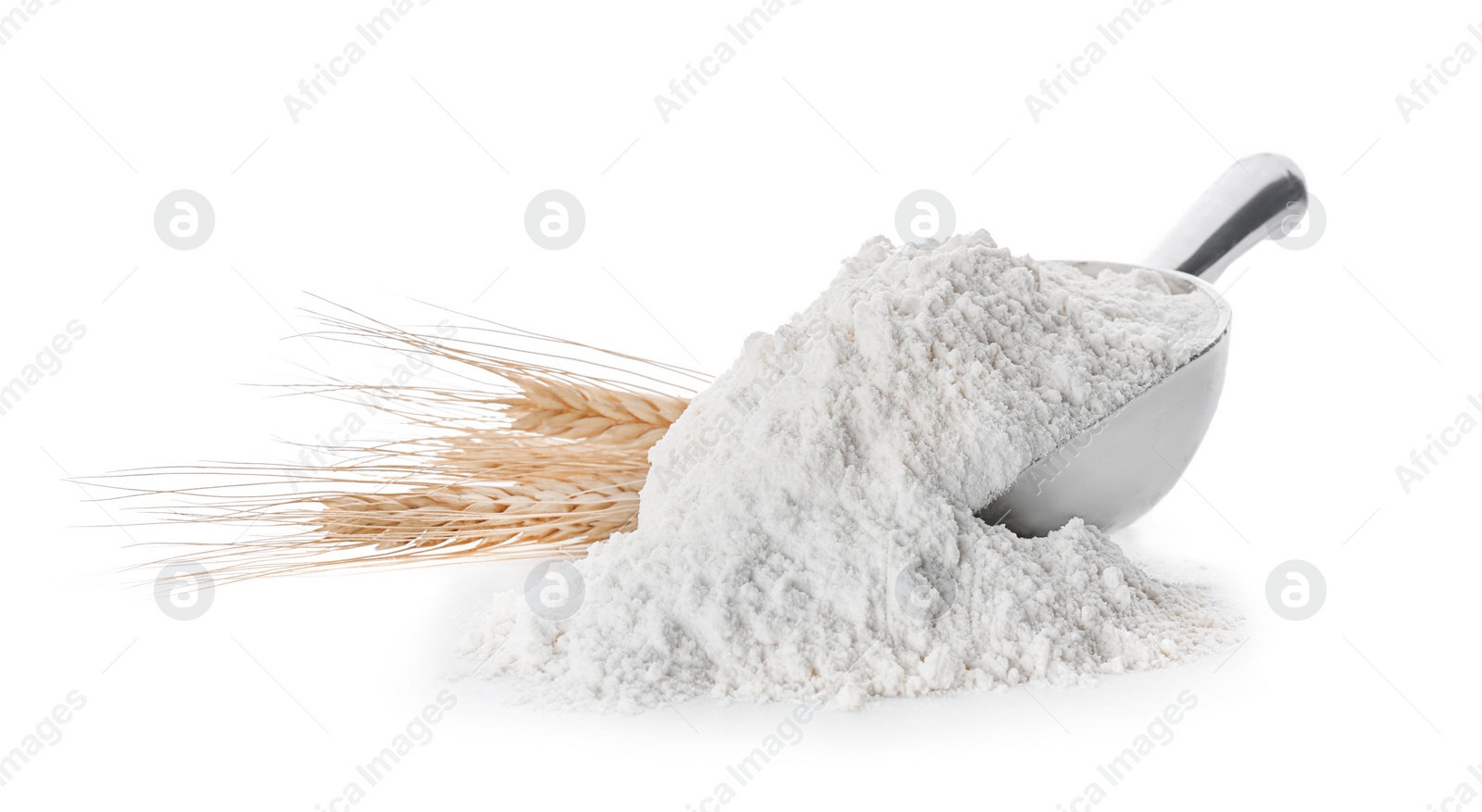 Photo of Scoop with flour on white background