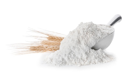 Photo of Scoop with flour on white background