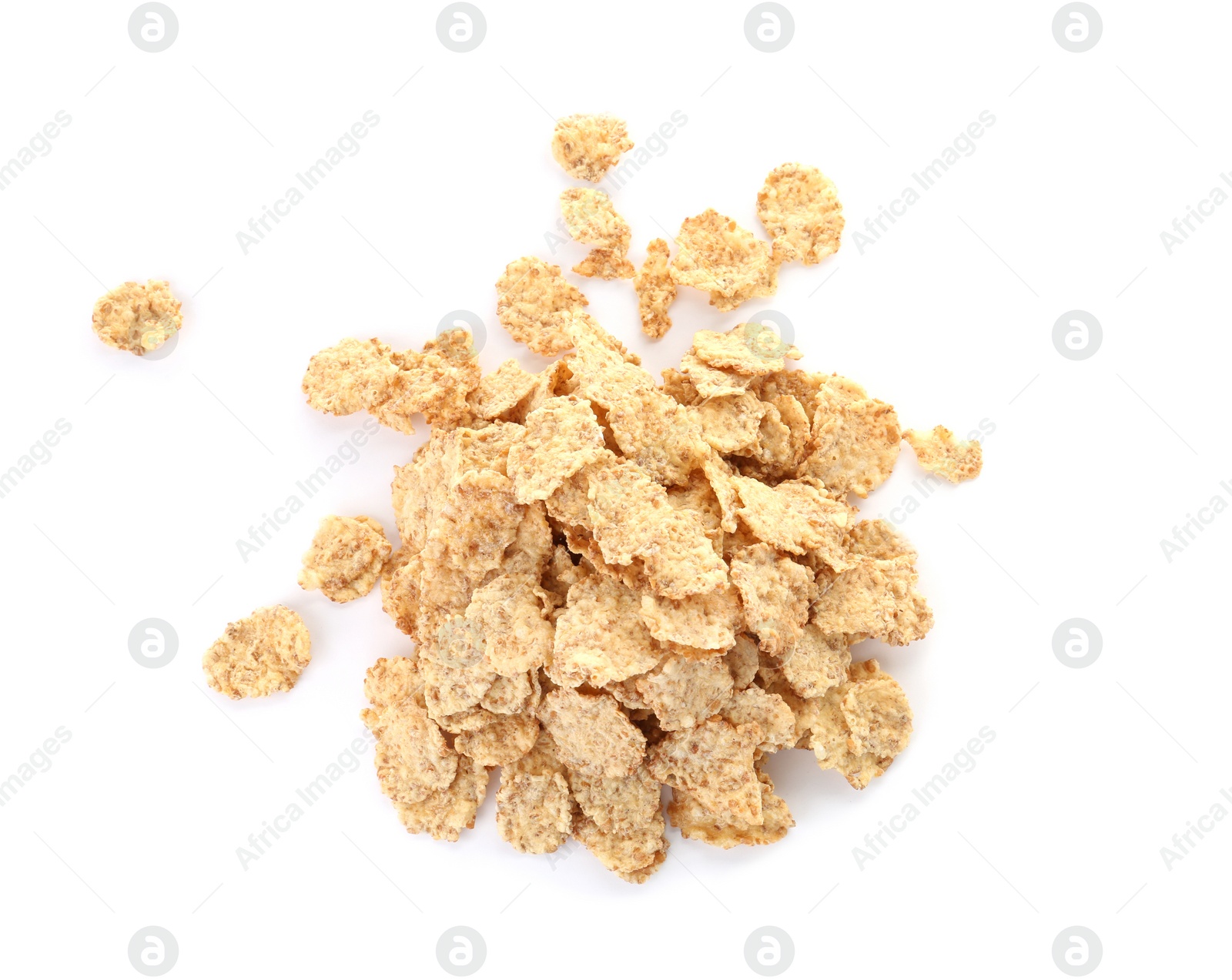 Photo of Wheat flakes on white background. Healthy grains and cereals