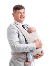 Father holding his child in baby carrier on white background