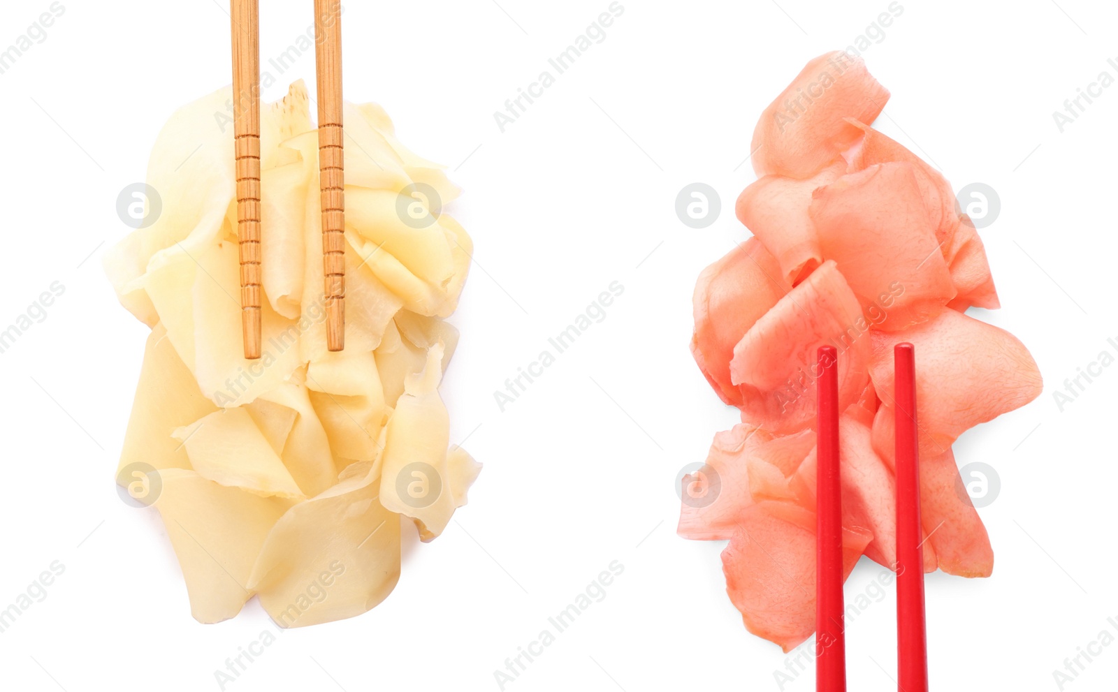 Image of Chopsticks and pickled ginger on white background, collage 