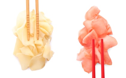 Image of Chopsticks and pickled ginger on white background, collage 