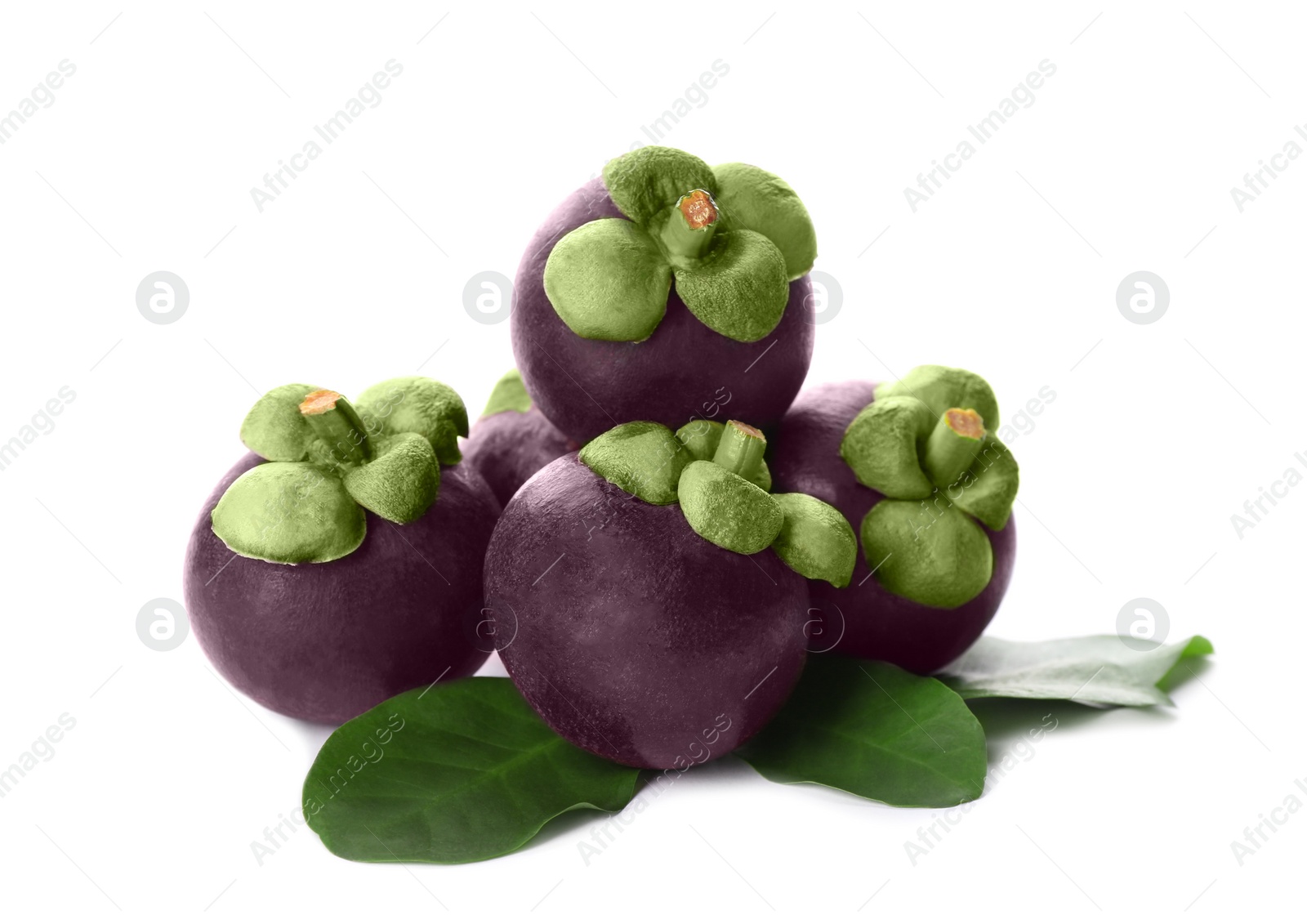 Photo of Fresh mangosteen fruits with green leaves on white background