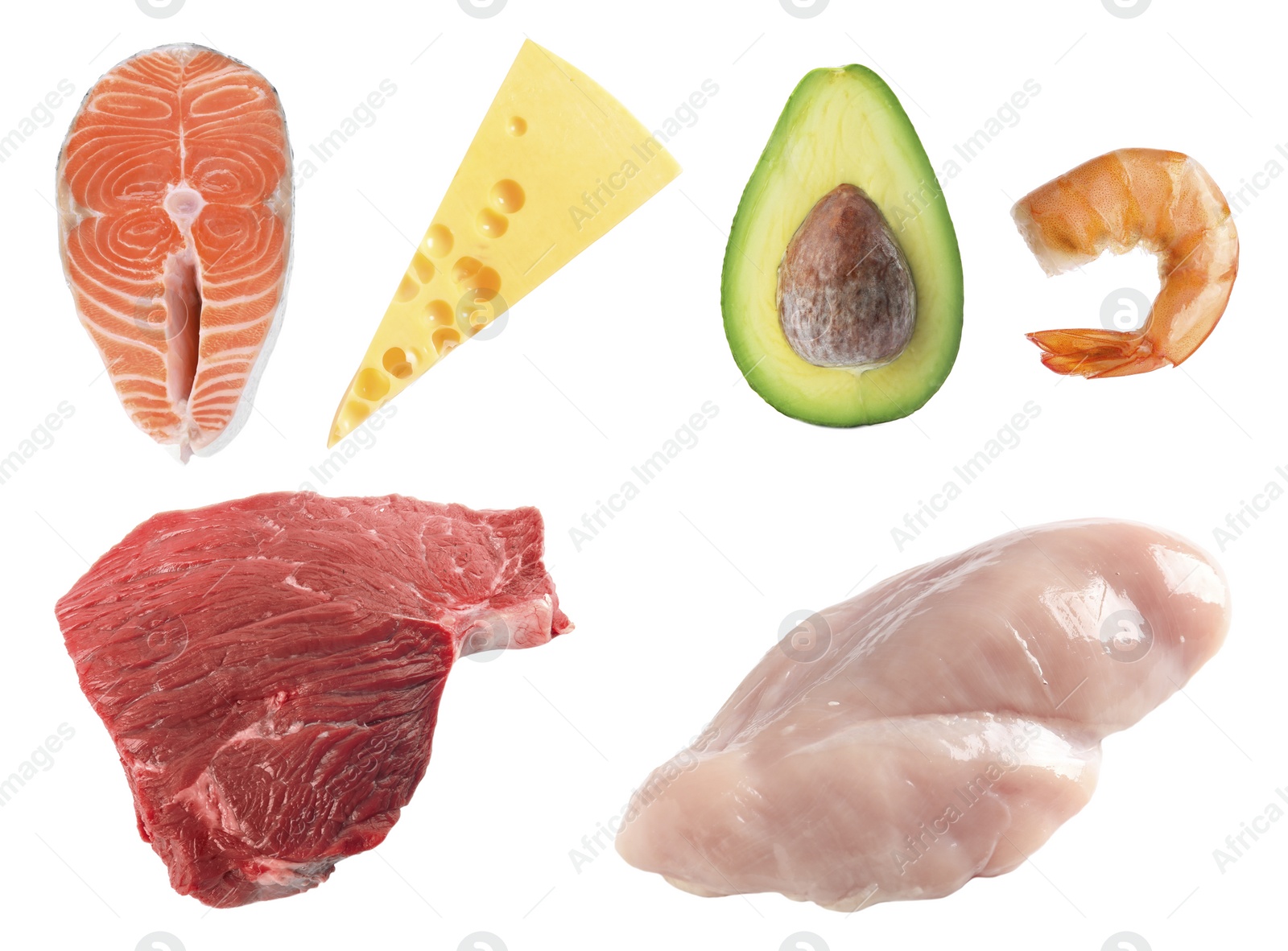 Image of Set with food rich in protein on white background