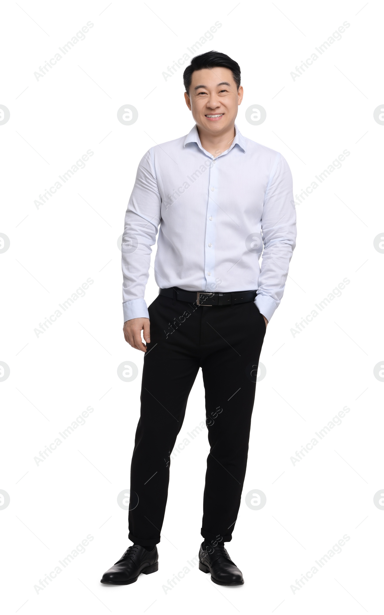 Photo of Businessman in formal clothes posing on white background