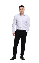 Businessman in formal clothes posing on white background