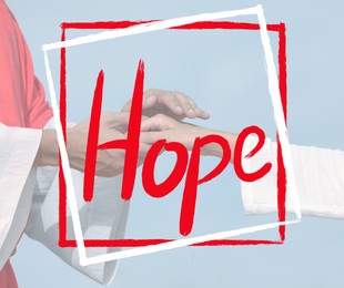 Image of Concept of hope. Jesus Christ holding woman's hand against blue sky, closeup
