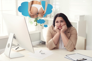 Overweight woman dreaming about slim body at table in office. Weight loss concept