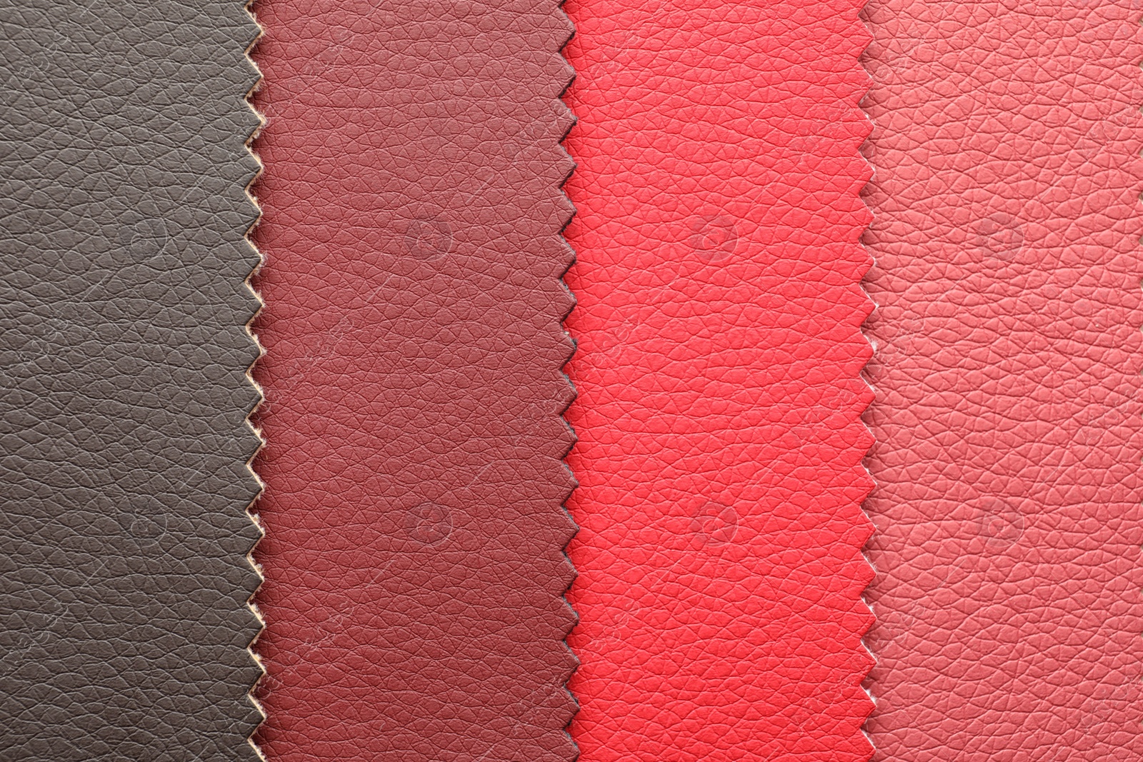 Photo of Leather samples of different colors for design as background, closeup