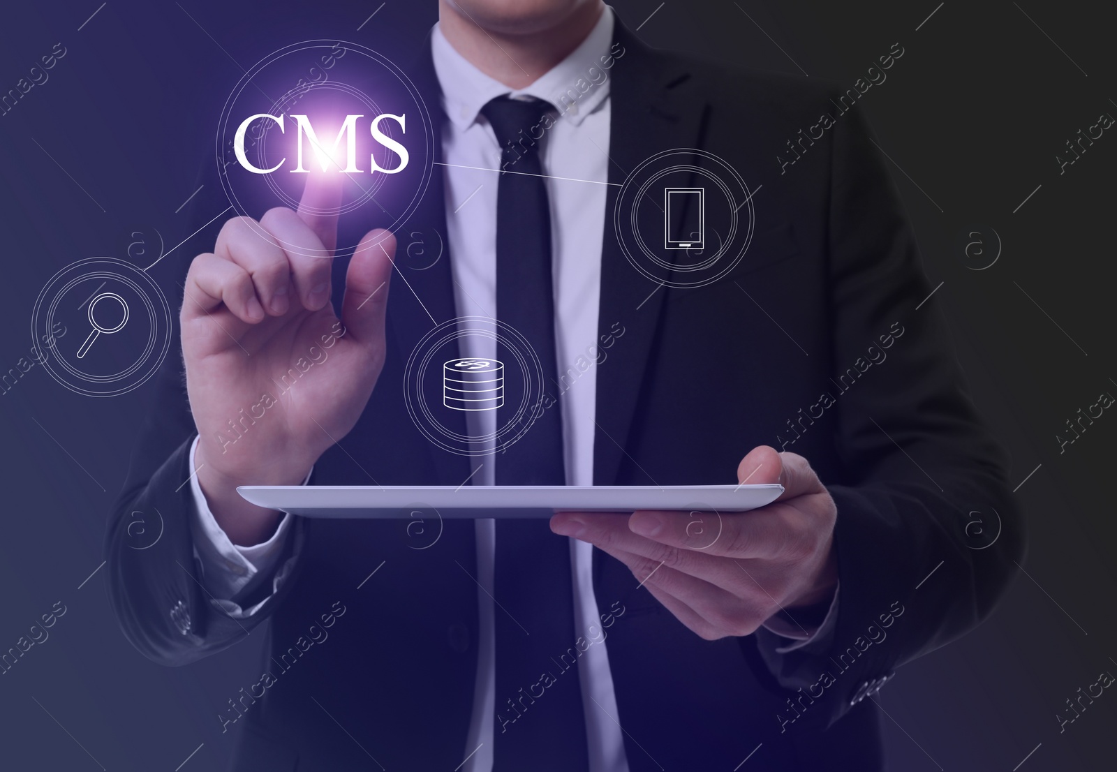 Image of CMS. Man with tablet using virtual screen, closeup. Scheme with icons on dark background