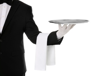 Waiter holding metal tray on white background, closeup