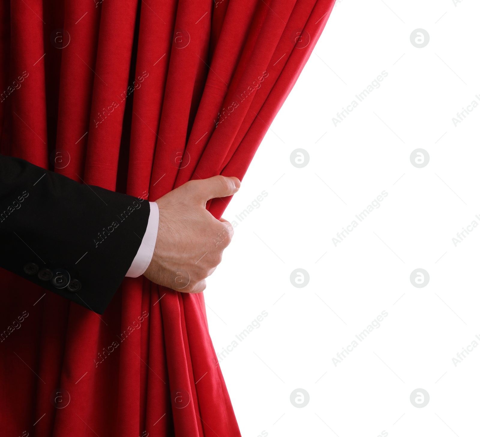 Photo of Man opening red front curtains on white background, closeup