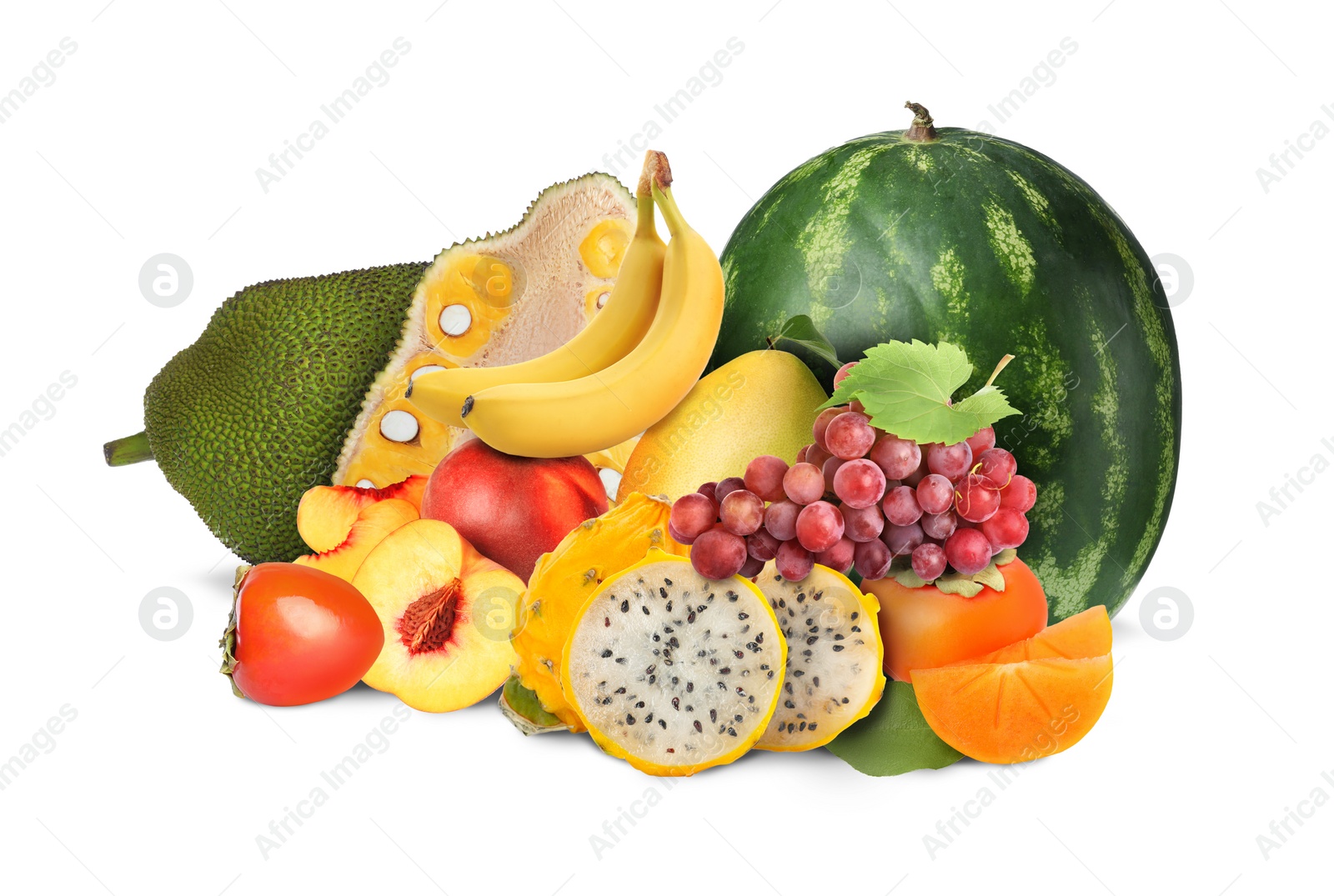 Image of Many different fresh fruits on white background