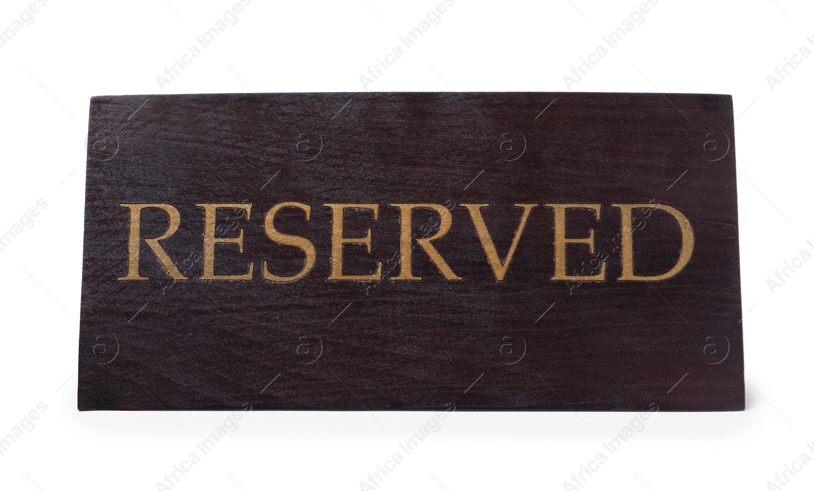 Photo of Elegant wooden Reserved table sign isolated on white