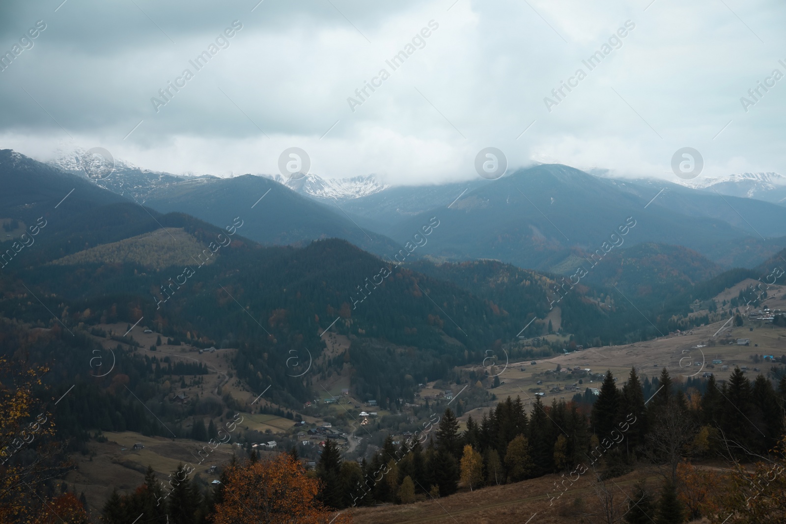 Photo of Picturesque view of beautiful mountains with conifer forest and village