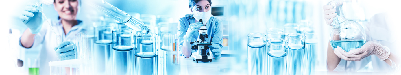 Image of Multiple exposure of scientists doing sample analysis in laboratory and test tubes, banner design