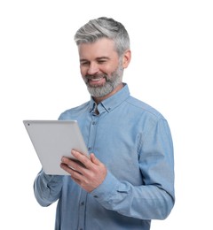 Mature businessman in stylish clothes with tablet on white background