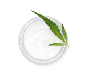 Photo of Jar with hemp cream and green leaf on white background, top view. Natural cosmetics