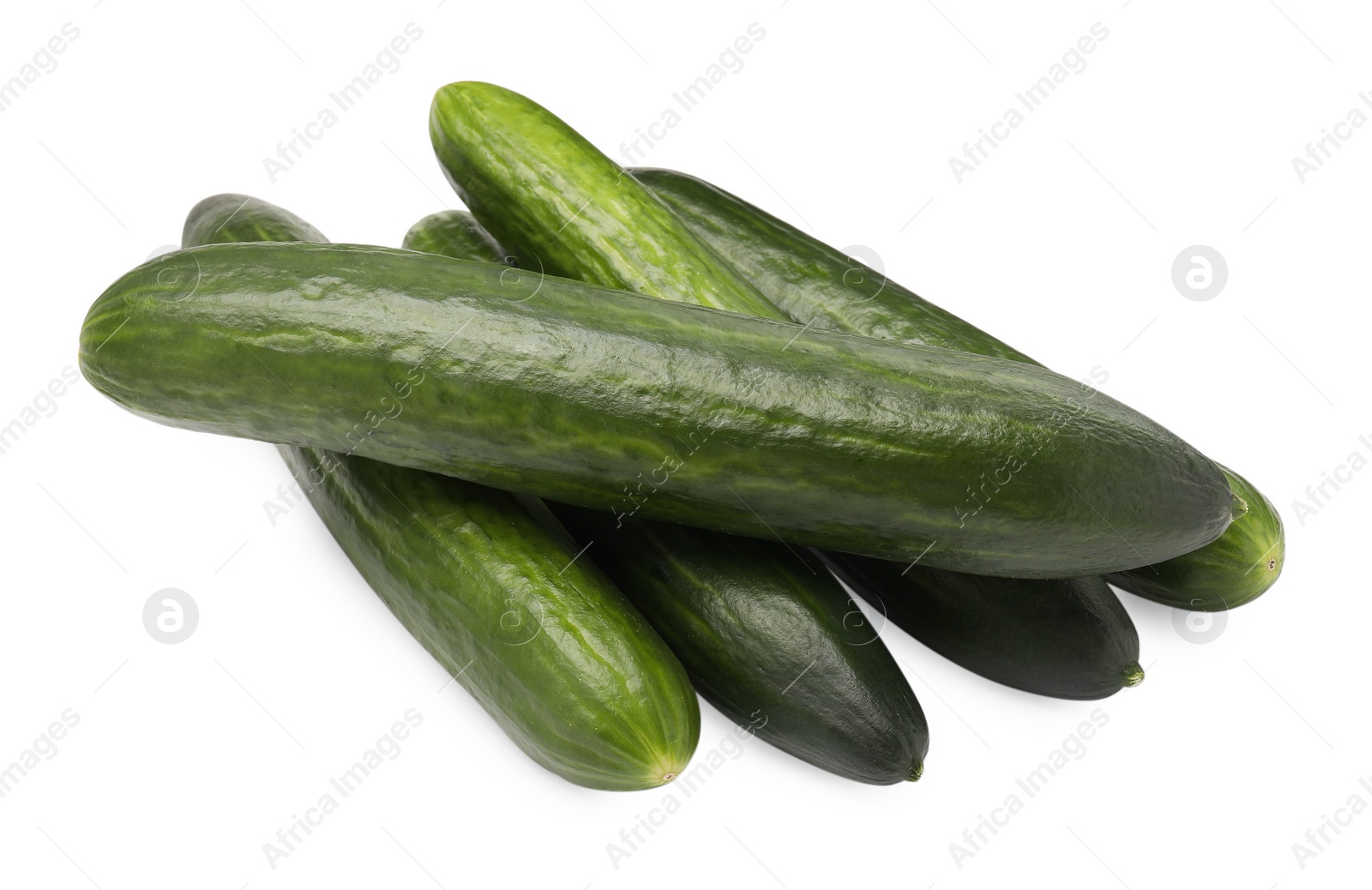 Photo of Many long fresh cucumbers isolated on white