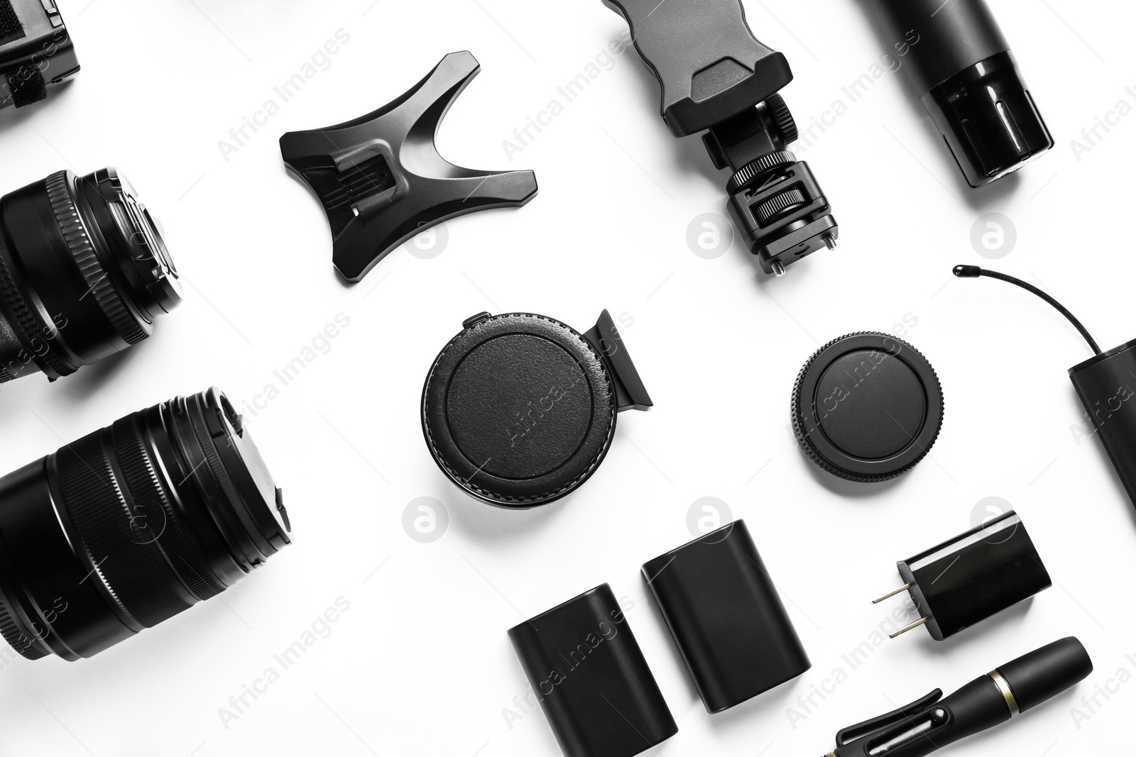 Photo of Composition with video production equipment for camera on white background, top view