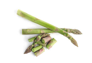 Fresh raw asparagus isolated on white, top view. Healthy eating