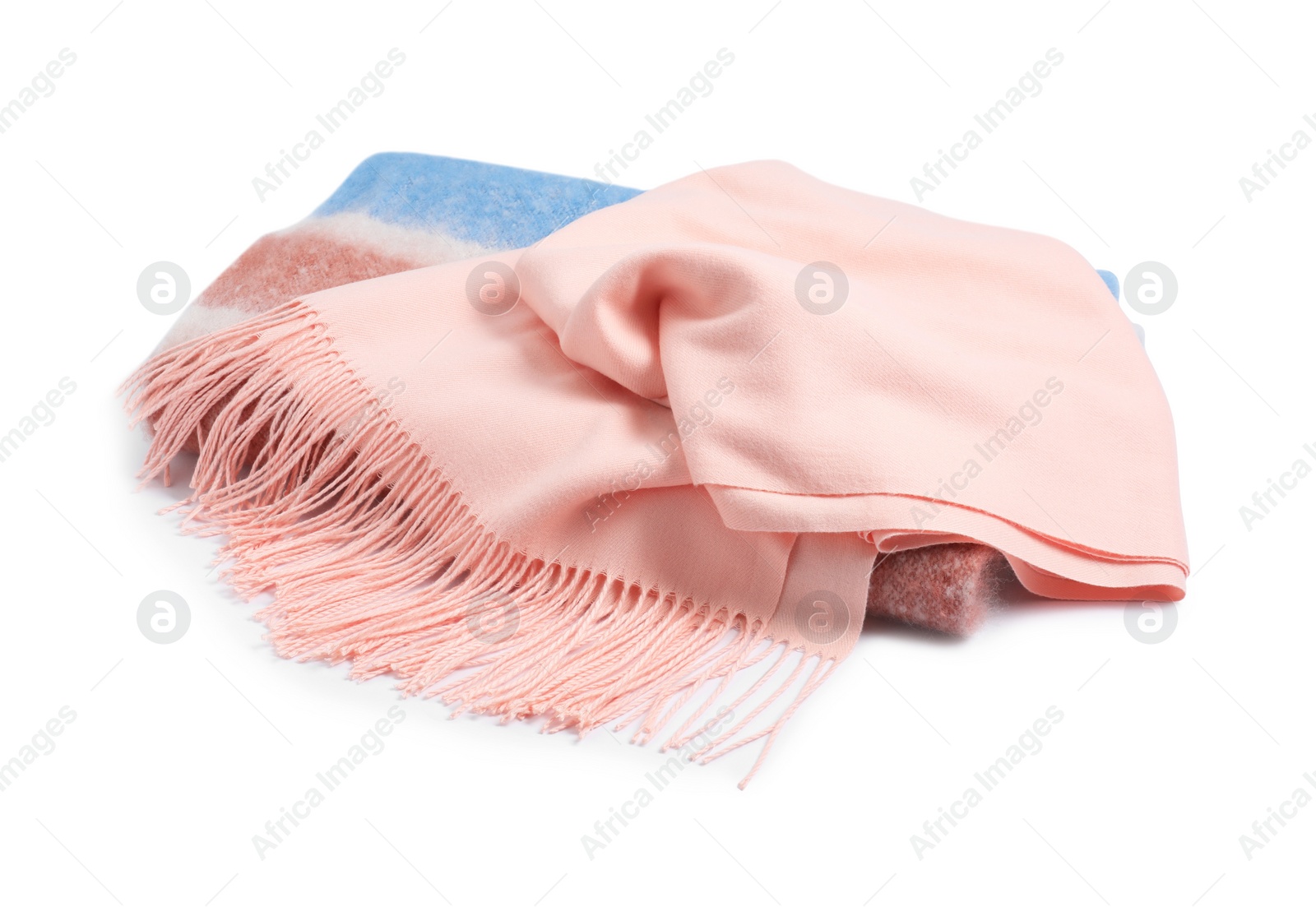 Photo of Two beautiful stylish scarfs on white background