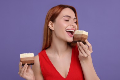 Photo of Young woman eating pieces of tasty cake on purple background