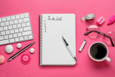 Flat lay composition with unfilled To Do list, computer keyboard and cup of coffee on pink background
