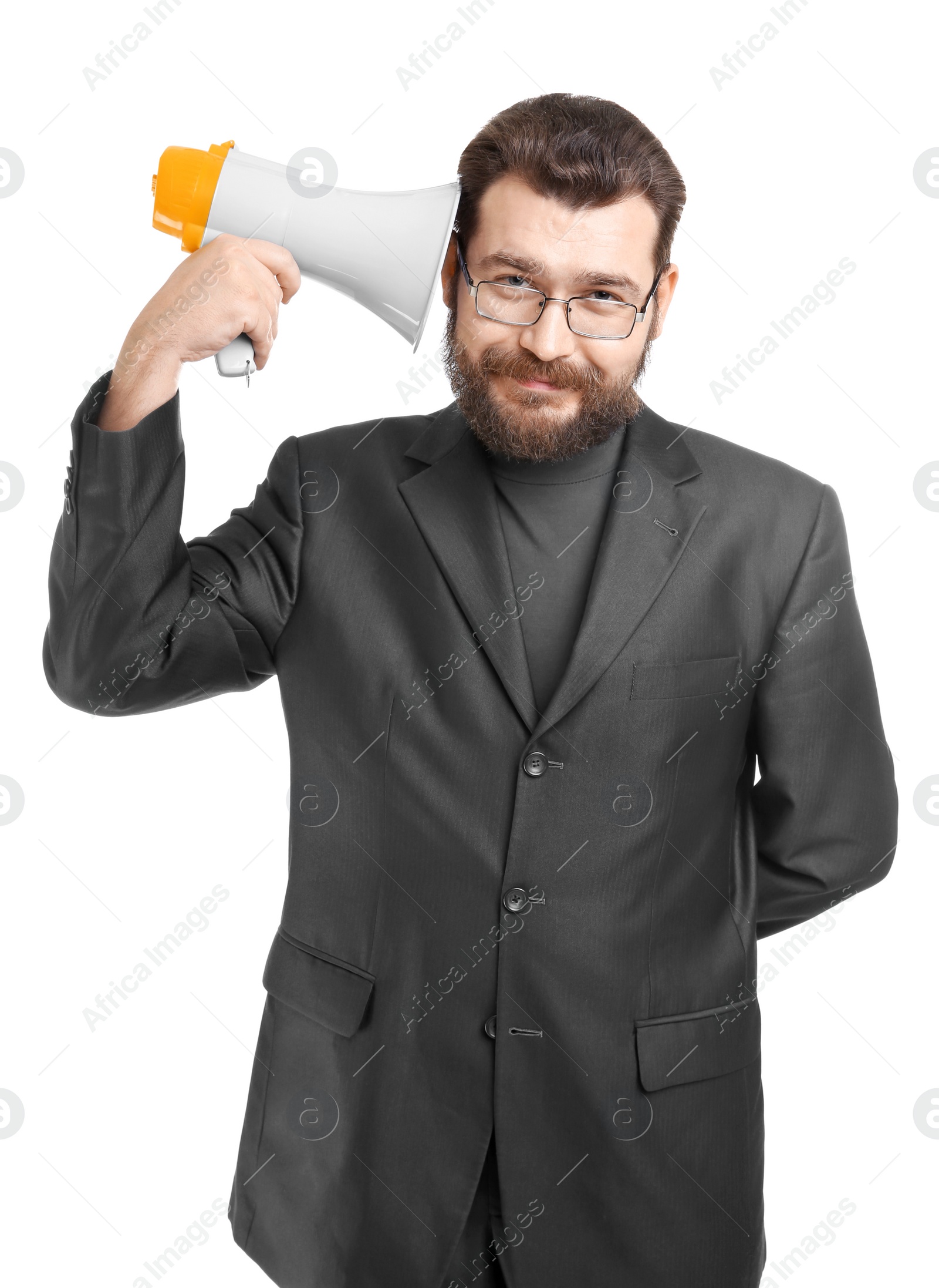 Photo of Businessman with megaphone on white background