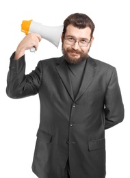 Photo of Businessman with megaphone on white background